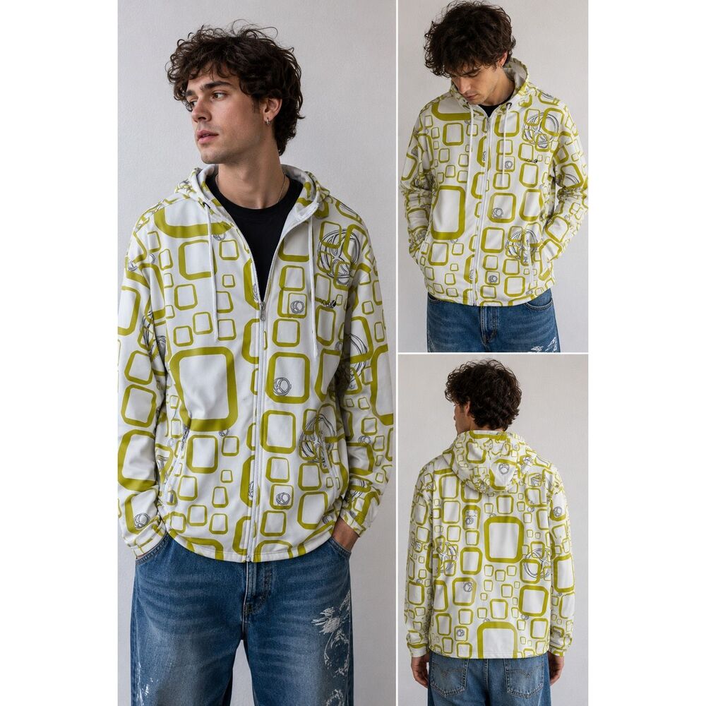 AOK Grenoble XL Soft Shell Hoodie Jacket Full Zip Green White Geometric Pattern